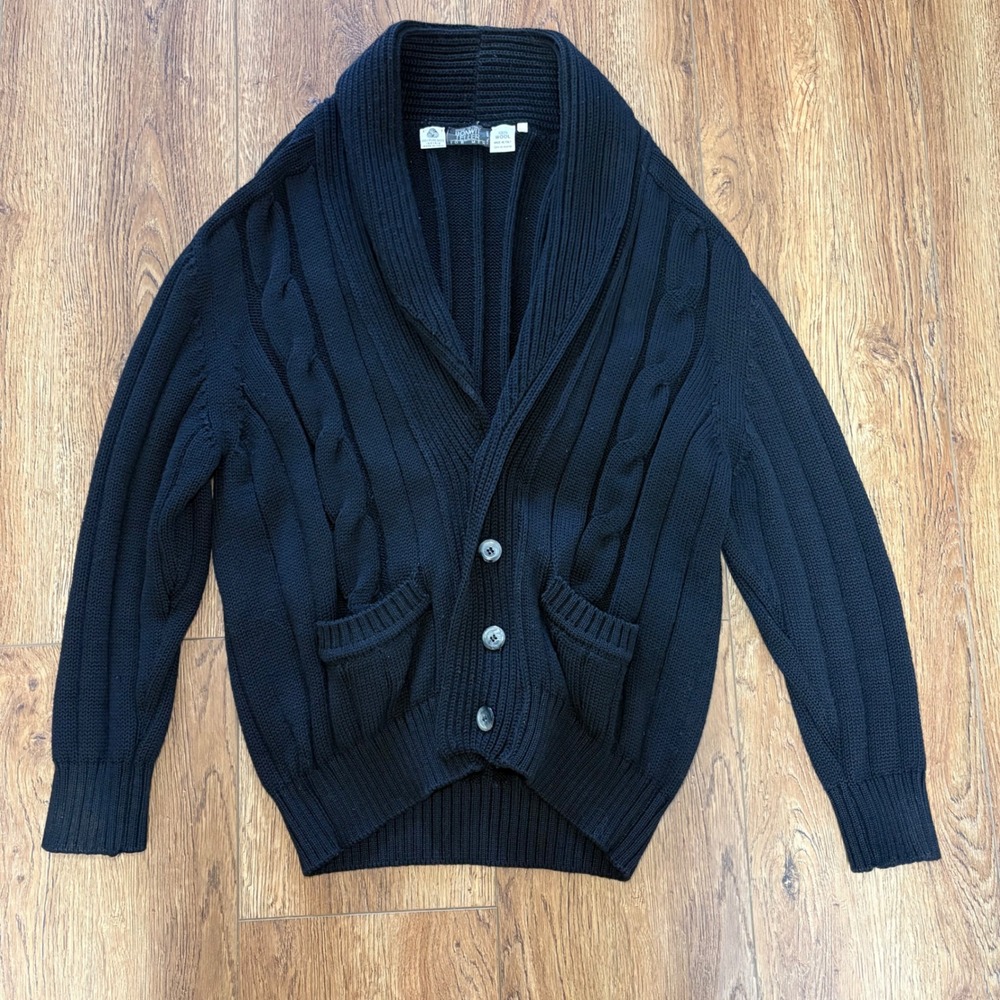 80s Bonwit Teller Black 100% Wool Cable Knit Sweater Cardigan Italy Made Mens M